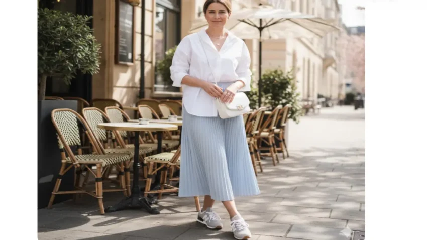 白シャツと淡いブルーのプリーツスカートにニューバランス996を合わせた涼しげな夏コーデ