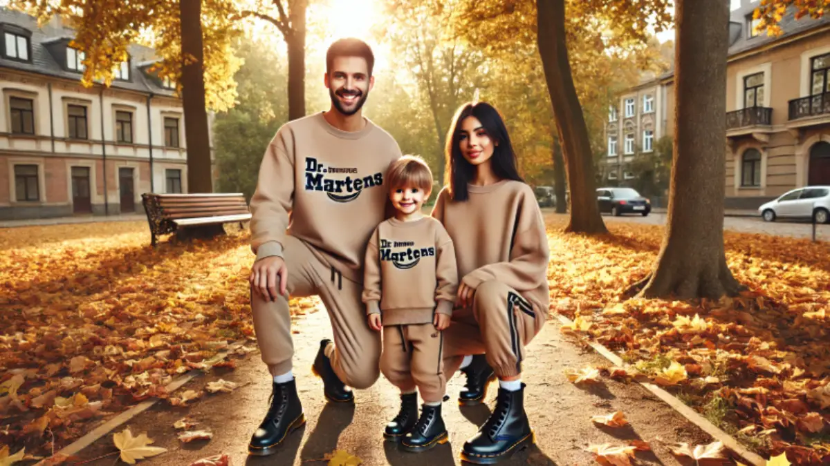 スウェットとドクターマーチンを履いた家族（親子リンクコーデ）が公園を歩く様子