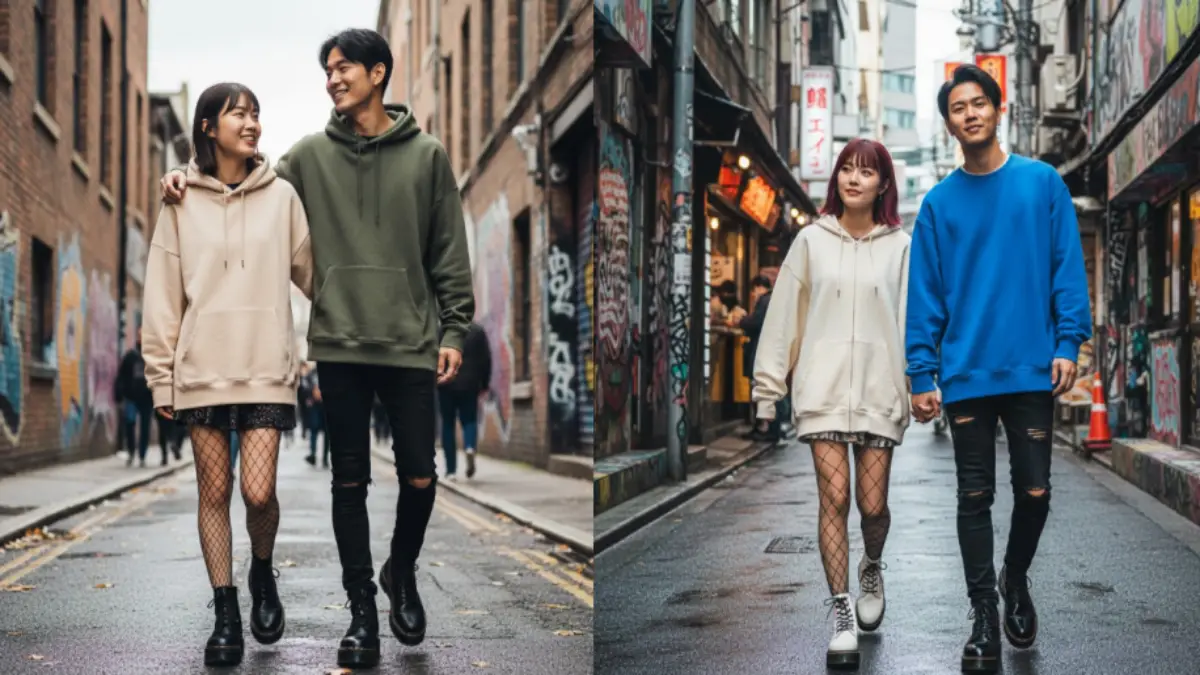 男女の友人がオーバーサイズスウェットと厚底ドクターマーチンを履き、都会のストリートに立つ。