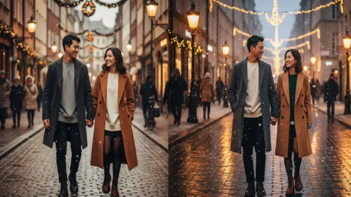 冬の街でスウェットとドクターマーチンを合わせたカップルが寄り添って歩く様子