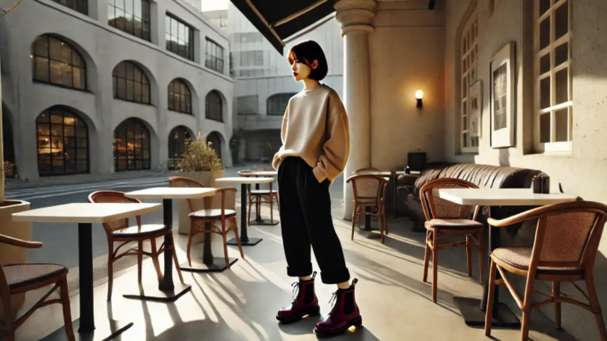 ベージュスウェットとバーガンディのドクターマーチンチェルシーブーツを合わせた女性がカフェの前に立つシーン