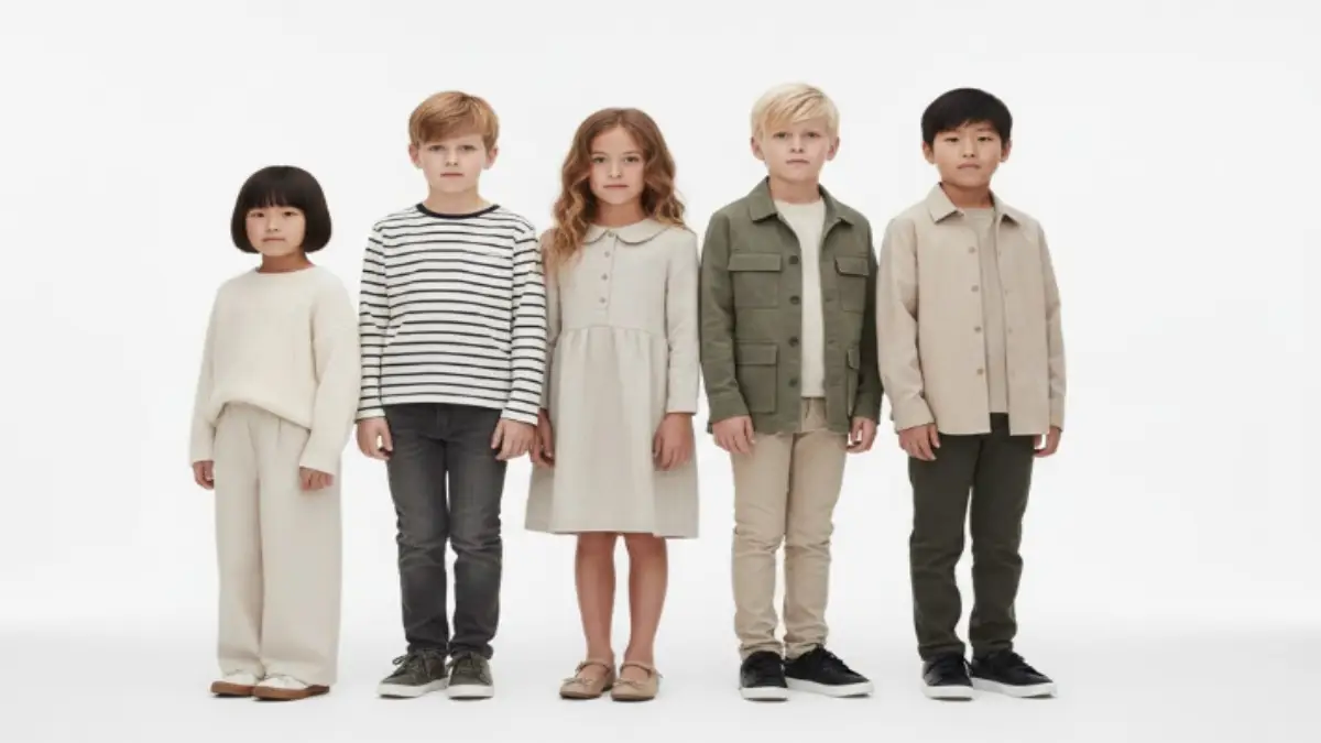 小学生が着られるZARAキッズサイズ（104〜152cm）を示したイメージ画像。身長に対するサイズ感の参考として使用できます。