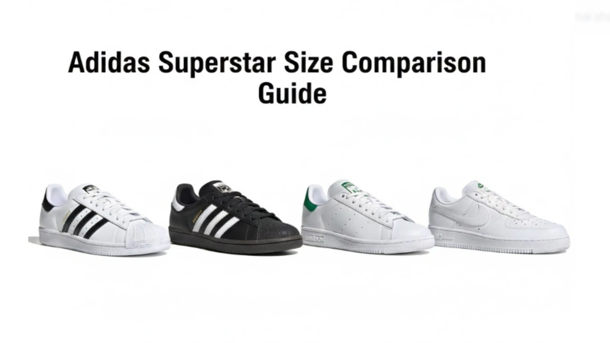 アディダス スーパースター サイズ比較ガイド アディダス スーパースター各モデルのサイズ感を比較した視覚ガイド。つま先形状やシルエットの違いが分かりやすい。