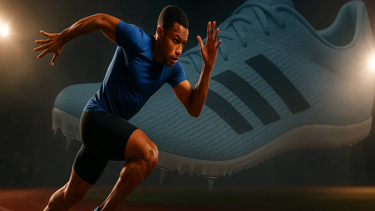 アディゼロフィネス薄底モデルとランニング動作のオーバーレイ画像 アディゼロフィネス薄底スパイクとランナーの動きを重ねたデザインイメージ