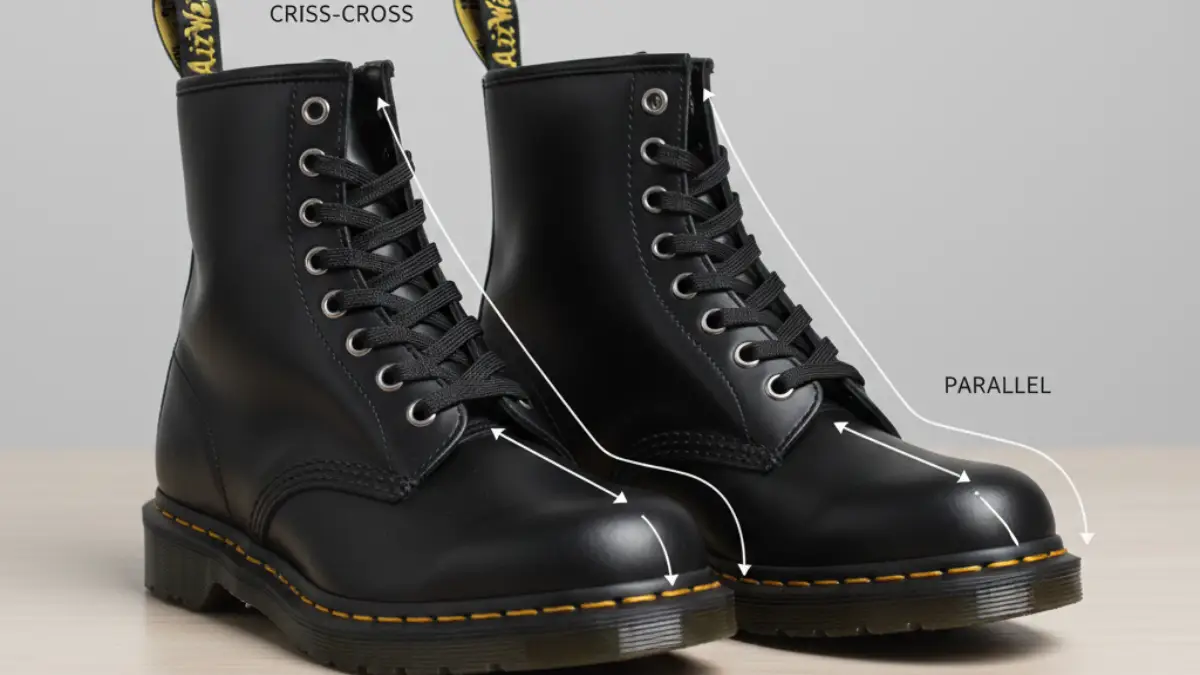 紐の通しと締めで甲圧を逃がす ドクターマーチンの紐をパラレル結びなどで調整し甲圧を逃がす方法のイメージ
