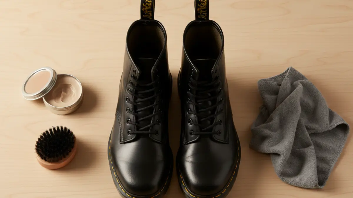 革を柔らかくするお手入れガイド ドクターマーチンとレザークリーム・ブラシなどケア用品のフラットレイ