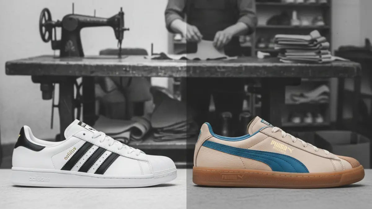 戦後ドイツの歴史背景と現代のアディダスとプーマを重ねて捉えるイメージ