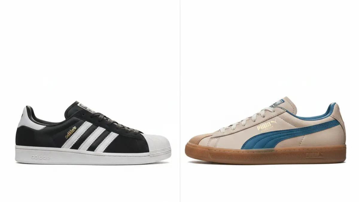 アディダスとプーマの代表的スニーカーを並べて特徴を比較するイメージ
